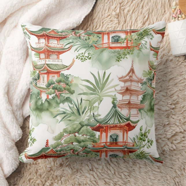Watercolor Asian Pagoda in Verdant Landscape (3) Throw Pillow (Blanket)