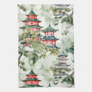 Watercolor Asian Pagoda in Verdant Landscape (4) Kitchen Towel