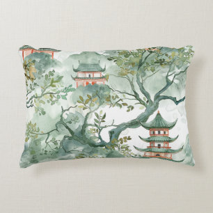 Watercolor Asian Pagoda in Verdant Landscape (5) Accent Pillow