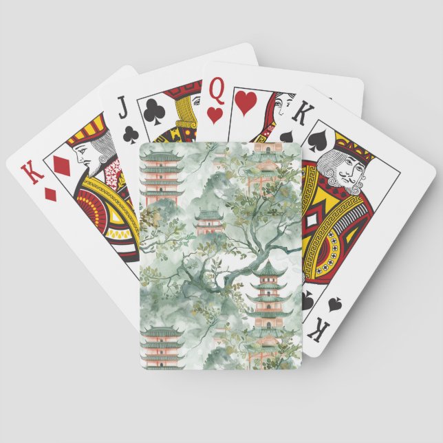 Watercolor Asian Pagoda in Verdant Landscape (5) Poker Cards (Back)