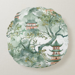 Watercolor Asian Pagoda in Verdant Landscape (5) Round Pillow