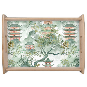 Watercolor Asian Pagoda in Verdant Landscape (5) Serving Tray
