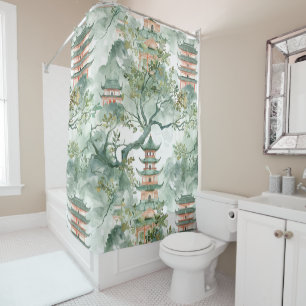 Watercolor Asian Pagoda in Verdant Landscape (5) Shower Curtain