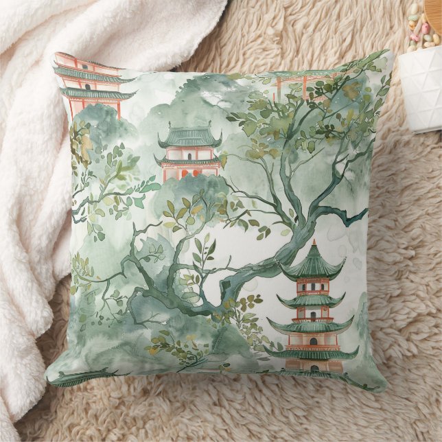 Watercolor Asian Pagoda in Verdant Landscape (5) Throw Pillow (Blanket)