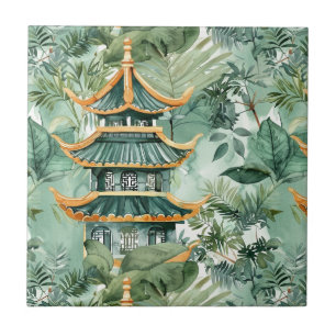 Watercolor Asian Pagoda in Verdant Landscape (6) Ceramic Tile