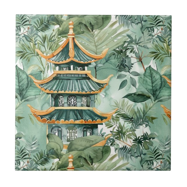 Watercolor Asian Pagoda in Verdant Landscape (6) Ceramic Tile (Front)