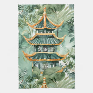 Watercolor Asian Pagoda in Verdant Landscape (6) Kitchen Towel