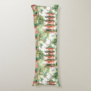 Watercolor Asian Pagoda in Verdant Landscape (9) Body Pillow
