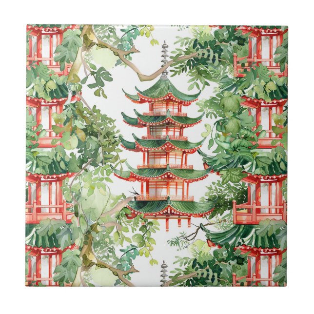 Watercolor Asian Pagoda in Verdant Landscape (9) Ceramic Tile (Front)