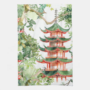 Watercolor Asian Pagoda in Verdant Landscape (9) Kitchen Towel