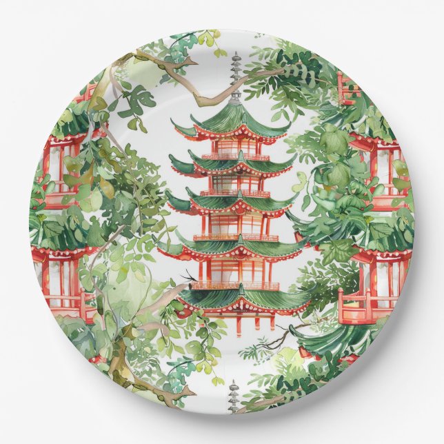 Watercolor Asian Pagoda in Verdant Landscape (9) Paper Plates (Front)