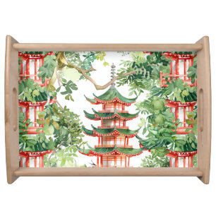 Watercolor Asian Pagoda in Verdant Landscape (9) Serving Tray