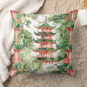 Watercolor Asian Pagoda in Verdant Landscape (9) Throw Pillow