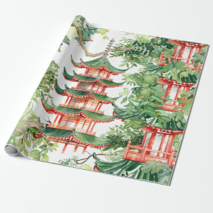 Watercolor Asian Pagoda in Verdant Landscape (9) Wrapping Paper