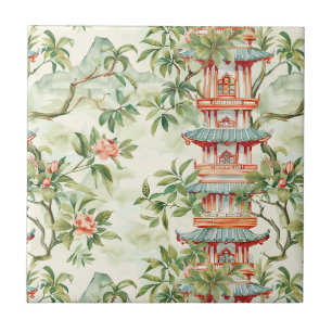 Watercolor Asian Pagoda in Verdant Landscape Ceramic Tile