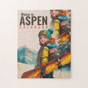 Watercolor Aspen Colorado mountain Vintage Girl Jigsaw Puzzle