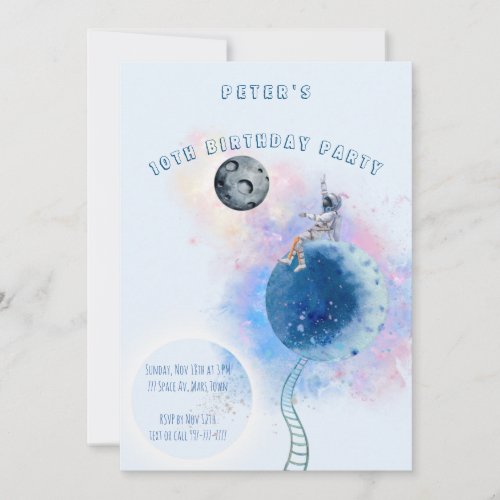 Watercolor Astronaut And Space Birthday invitation