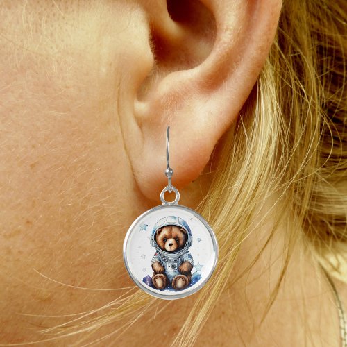 Watercolor Astronaut Bear in Space Silver Round Earrings