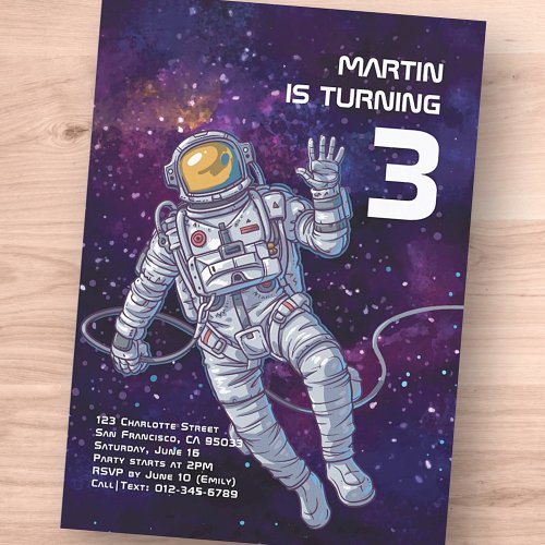 Watercolor Astronaut in Space Birthday Invitation