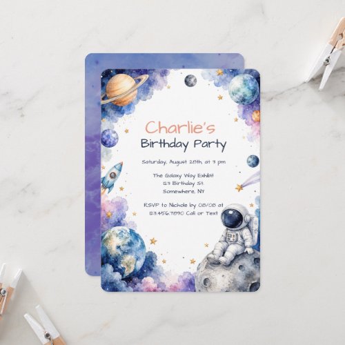 Watercolor Astronaut Space Birthday Party  Invitation