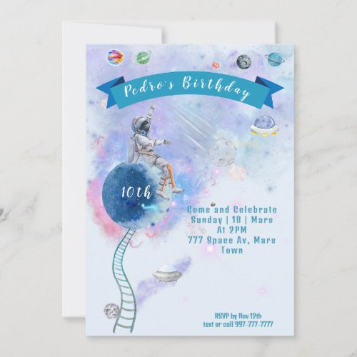 Watercolor Astronauts And Space Birthday Invitation