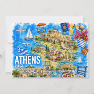 Watercolor Athens Greece Acropolis Landmark Map Invitation