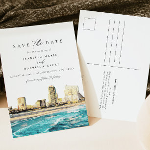 Watercolor Atlantic City New Jersey City Skyline Postcard