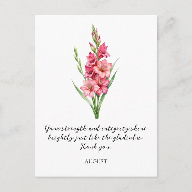 WATERCOLOR AUGUST GLADIOLUS BIRTH FLOWER POSTCARD (Front)