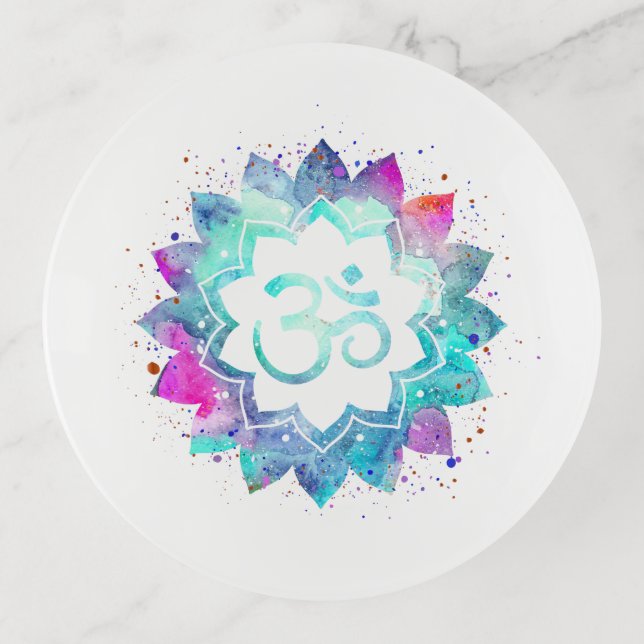 *~* Watercolor Aum Om Turquoise Blue Magenta White Trinket Tray (Front)
