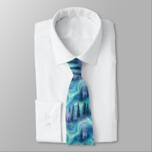 Watercolor Aurora Borealis Forest (1) Neck Tie