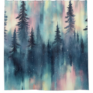Watercolor Aurora Borealis Forest (2) Shower Curtain