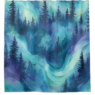 Watercolor Aurora Borealis Forest (7) Shower Curtain