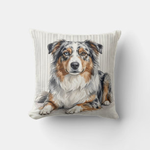 Watercolor Australian Shepherd Design Throw Pillow