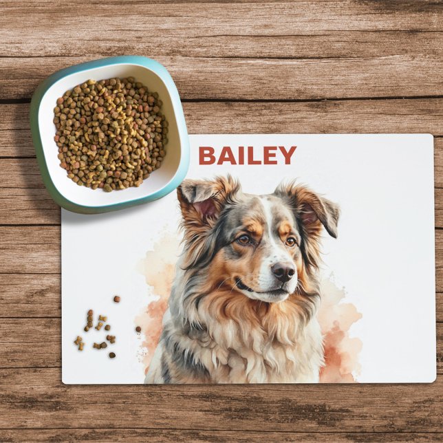 Watercolor Australian Shepherd Dog Food Mat (Creator Uploaded)