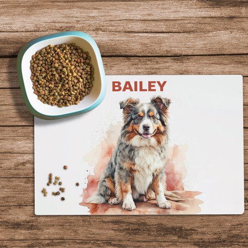 Watercolor Australian Shepherd Dog Food Mat