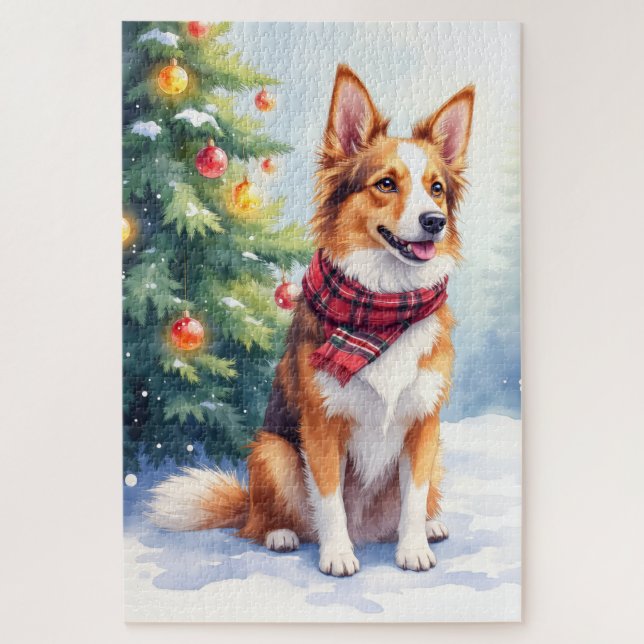 Watercolor Australian Shepherd Glowing Christmas Jigsaw Puzzle (Vertical)