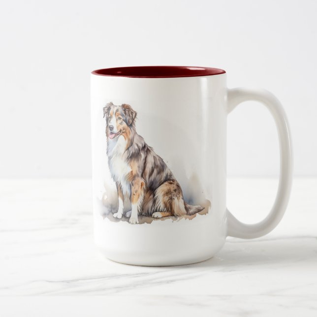 Watercolor Australian Shepherd Two-Tone Coffee Mug (Right)