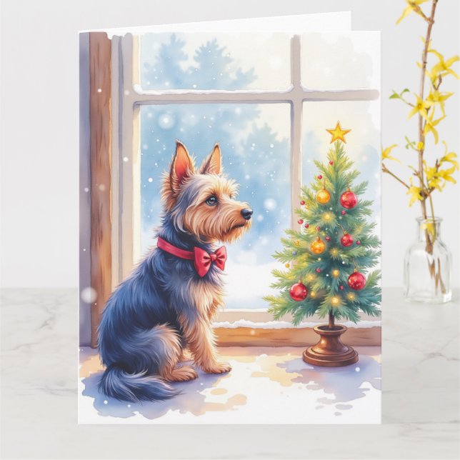 Watercolor Australian Terrier Tabletop Christmas Card (Yellow Flower)