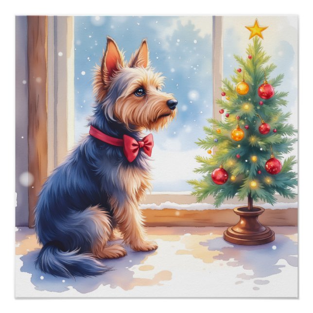 Watercolor Australian Terrier Tabletop Christmas Poster (Front)