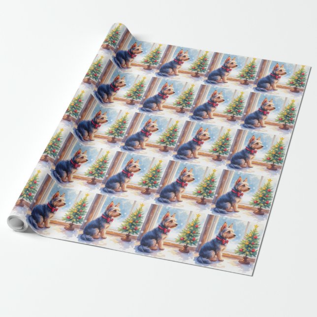 Watercolor Australian Terrier Tabletop Christmas Wrapping Paper (Unrolled)