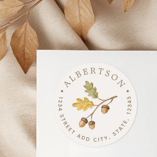 Watercolor Autumn Acorn Family Name Return Address Classic Round Sticker
