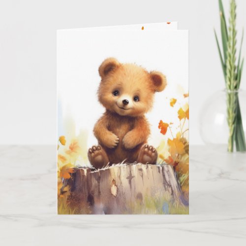 Watercolor Autumn Bear On A Tree Stump Card