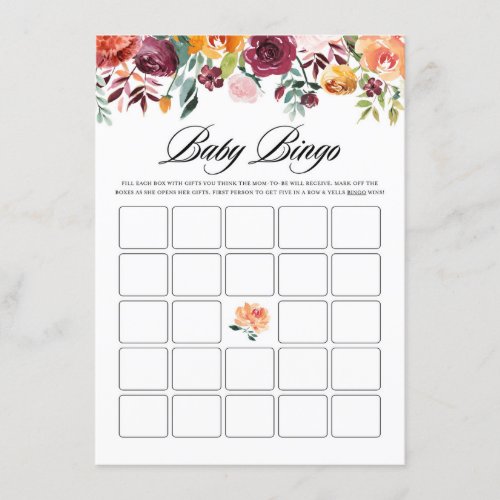 Watercolor Autumn Blooms Baby Bingo Shower Game Enclosure Card