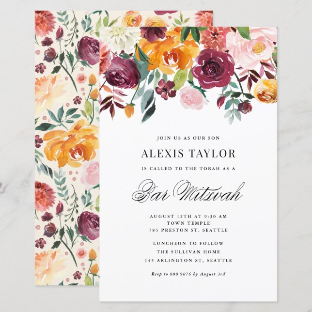 Watercolor Autumn Blooms Bar Mitzvah Invitation (Front/Back)