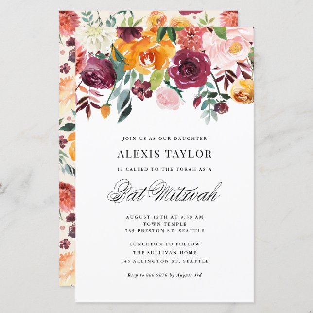 Watercolor Autumn Blooms Bat Mitzvah Invitation (Front/Back)