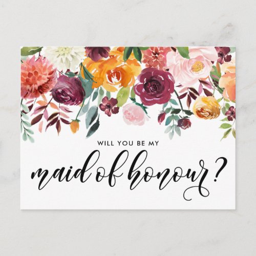 Watercolor Autumn Blooms Be My Maid of Honour Invitation Postcard