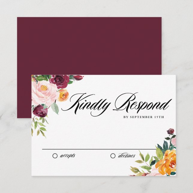Watercolor Autumn Blooms Bouquet Fall Wedding RSVP Card (Front/Back)