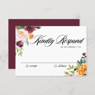 Watercolor Autumn Blooms Bouquet Fall Wedding RSVP Card