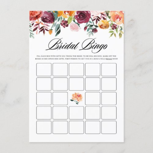 Watercolor Autumn Blooms Bridal Bingo Shower Game Enclosure Card