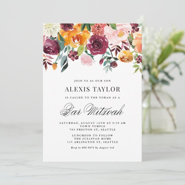 Watercolor Autumn Blooms Fall Bar Mitzvah Invitation (Standing Front)